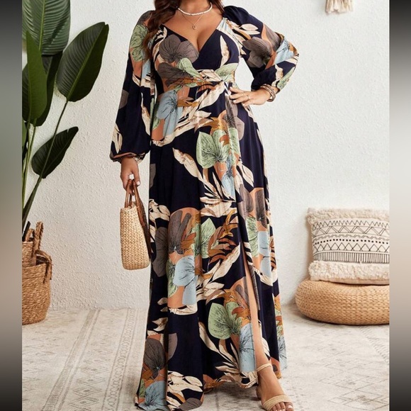 Plus Size Plunge V Neck Floral Tropical Print High Slit Long Sleeve Maxi Dress - Picture 11 of 12